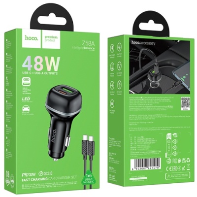 Автомобільний Зарядний Пристрій Hoco Z58A 1USB/1USB-C QC/PD48W + (Type-C - Type-C) (Чорний)