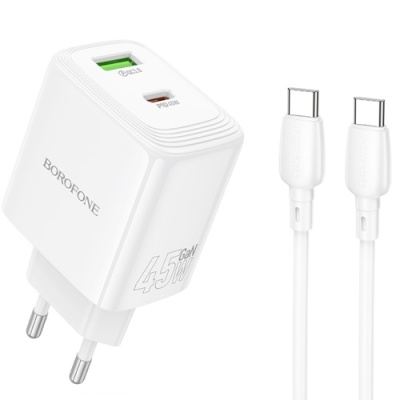 мережевий зарядний пристрій borofone bn30 1usb/18w/qc3.0 + 1type-c/45w/pd + (type-c - type-c) (білий) 