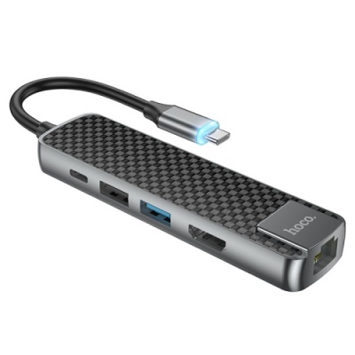 usb hub hoco hb23 type-c to (hdmi+usb3.0+usb2.0+rj45+pd) (сiрий) 