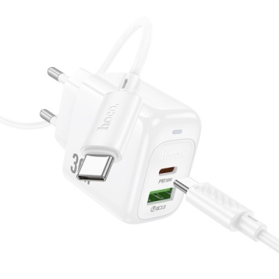 мережевий зарядний пристрій hoco cs55a 1usb/18w/qc3.0 + 1type-c/30w/pd + (type-c - type-c) (білий) 