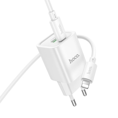 мережевий зарядний пристрій hoco c149a 1usb/18w/qc3.0 + 1type-c/30w/pd + (type-c - lightning) (бiлий) 