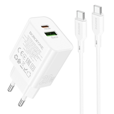 мережевий зарядний пристрій borofone ba88a 1usb/18w/qc3.0 + 1type-c/20w/pd + (type-c - type-c) (білий) 