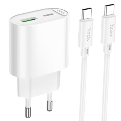мережевий зарядний пристрій hoco c109a new 1usb/18w/qc3.0 + 1type-c/20w/pd + (type-c - type-c) (білий) 