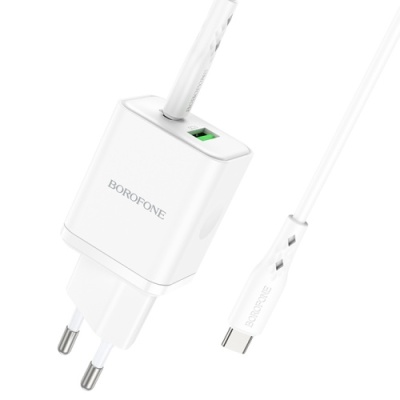 мережевий зарядний пристрій borofone bn7 1usb/18w/qc3.0 + 1type-c/20w/pd + (type-c - type-c) (бiлий) 