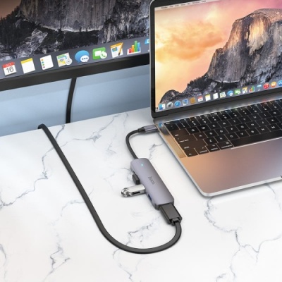 usb hub hoco hb27 type-c multi-function converter (hdtv+usb3.0+usb2.0*2+pd) (металево-сірий) 