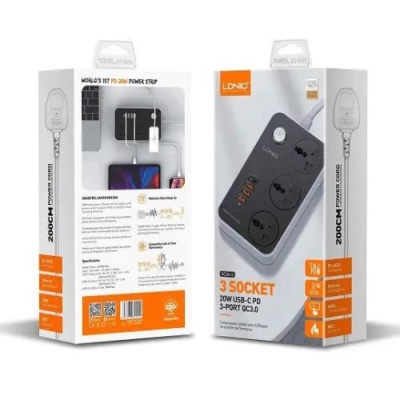 мережевий подовжувач ldnio sc3412 3 ports / pd / 3usb qc 3.0 (чорно-сірий) 