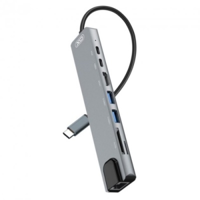 usb hub адаптер xo-hub003 2 usb/type c/pd/hdmi 4k/sd/tf/rj45 8 in 1 (чорний) 