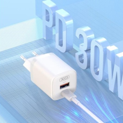 мережевий зарядний пристрій xo l96 1usb/18w/qc3.0 + 1type-c/30w/pd + (type-c - lightning) (бiлий) 