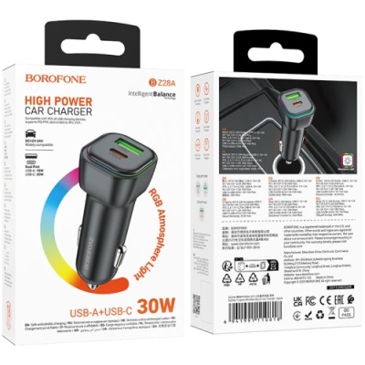 Автомобільний Зарядний Пристрій Borofone BZ28A 1Type-C/30W/PD + 1USB/18W/QC3.0 (Чорний)