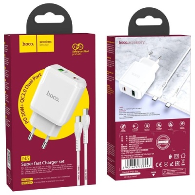 мережевий зарядний пристрій hoco n5 1usb/18w/qc3.0 + 1type-c/20w/pd + (type-c - type-c) (білий) 