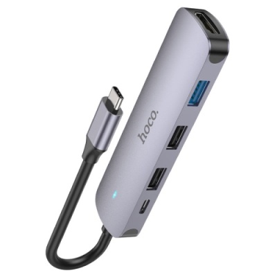 usb hub hoco hb27 type-c multi-function converter (hdtv+usb3.0+usb2.0*2+pd) (металево-сірий) 
