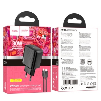 мережевий зарядний пристрій hoco cs22a 1type-c/30w/pd + (type-c - lightning) (чорний) 