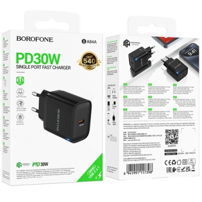 мережевий зарядний пристрій borofone ba84a 1type-c/30w/pd (чорний) 