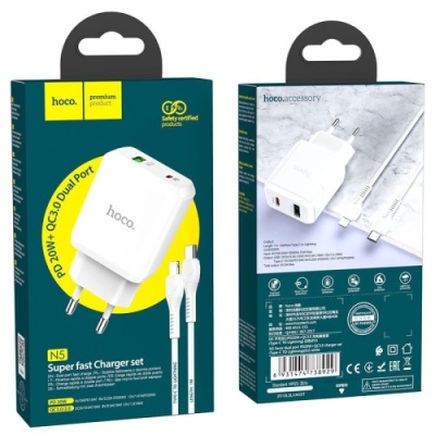 мережевий зарядний пристрій hoco n5 1usb/18w/qc3.0 + 1type-c/20w/pd + (type-c - lightning) (білий) 