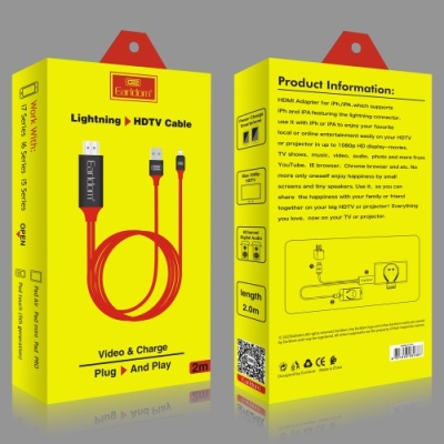 кабель hdmi earldom et-w5 hdmi 1080p lighting to hdtv/video/charge/2m (червоний) 