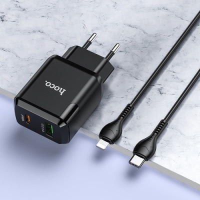 мережевий зарядний пристрій hoco n5 1usb/18w/qc3.0 + 1type-c/20w/pd + (type-c - lightning) (чорний) 