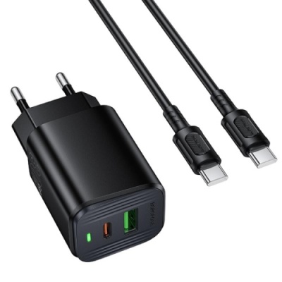 мережевий зарядний пристрій borofone bas85a pd30w + qc3.0 (1usb/1type-c/3a) + type-c - type-c (чорний) 