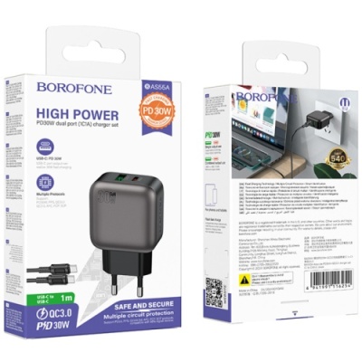 мережевий зарядний пристрій borofone bas55a gan 1usb/20w/qc3.0 + 1type-c/30w/pd + (type-c - type-c) (чорний) 