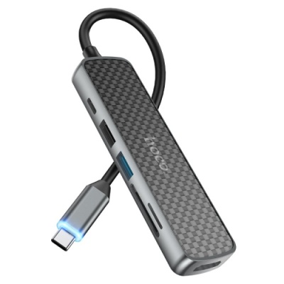 usb hub hoco hb24 easy display type-c multi-f adapter (hdmi+usb3.0+usb2.0+sd+tf+pd) metal gray 