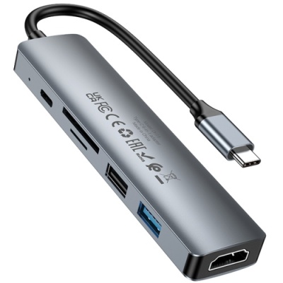 usb hub borofone dh15 6-in-1 type-c to hdmi+pd+usb3.0+usb2.0+sd+tf(l=0.15m) (сiрий) 