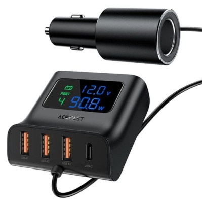 Автомобільний Зарядний Пристрій Acefast B8 4in1 HUB+PD+QC 3.0 (1 Type-C/3 USB/3A/114W) (чорний)