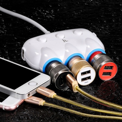 Розгалужувач прикурювача Hoco C1 (3 порта+2USB/5V/3.1A) (Білий)