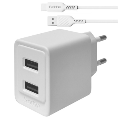 мережевий зарядний пристрій earldom es-eu44c 2usb/2.4a/12w + (usb - type-c) (білий) 