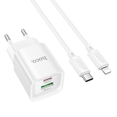 мережевий зарядний пристрій hoco c147a 1usb/18w/qc3.0 + 1type-c/20w/pd + (type-c - lightning) (білий) 