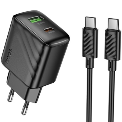 мережевий зарядний пристрій hoco cs25a 1usb/18w/qc3.0 + 1type-c/20w/pd + (type-c - type-c) (чорний) 