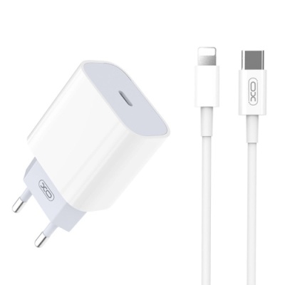 мережевий зарядний пристрій xo l77 1type-c/20w/pd + (type-c - lightning) (бiлий) 