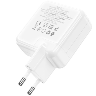 мережевий зарядний пристрій hoco c115a pd65w+ qc3.0 (1usb/2type-c) (білий) 