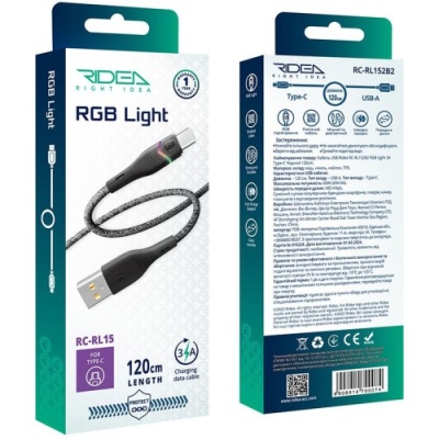 кабель ridea rc-rl15 rgb light usb - type-c 3a 1.2m (чорний) 