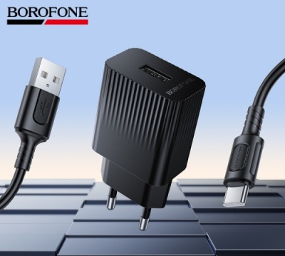 мережевий зарядний пристрій borofone bas71a 1usb/2.1a + (usb - type-c) (чорний) 