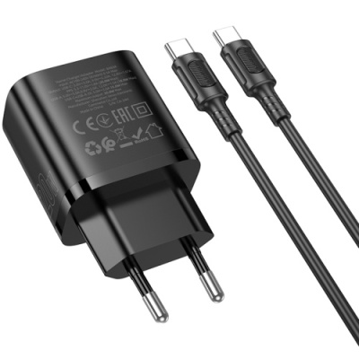 мережевий зарядний пристрій borofone ba83a 1usb/18w/qc3.0 + 1type-c/20w/pd + (type-c - type-c) (чорний) 