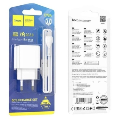 мережевий зарядний пристрій hoco c98a 1usb/18w/qc3.0 + (usb - type-c) (білий) 