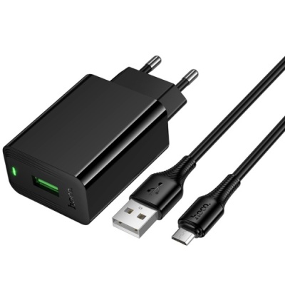 мережевий зарядний пристрій hoco cs92a 1usb/18w/qc3.0 + (usb - microusb) (чорний) 