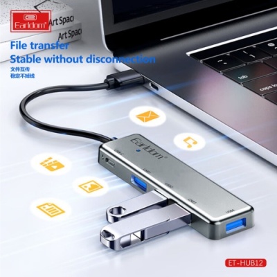 usb hub earldom et-hub12 usb to 4xusb2.0 + usb-c (чорний) 
