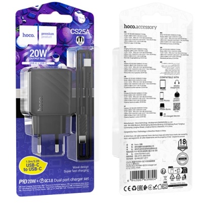 мережевий зарядний пристрій hoco cs25a 1usb/18w/qc3.0 + 1type-c/20w/pd + (type-c - type-c) (чорний) 