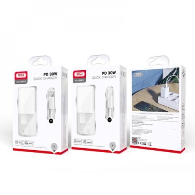 мережевий зарядний пристрій xo l96 1usb/18w/qc3.0 + 1type-c/30w/pd + (type-c - lightning) (бiлий) 