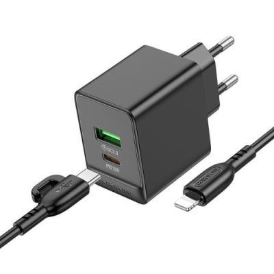 мережевий зарядний пристрій borofone bas14a erudite 1usb/18w/qc3.0 + 1type-c/20w/pd + (type-c - lightning) (чорний) 
