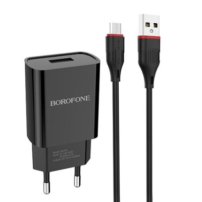 мережевий зарядний пристрій borofone ba20a 1usb/2.1a + (usb - microusb) (чорний) 