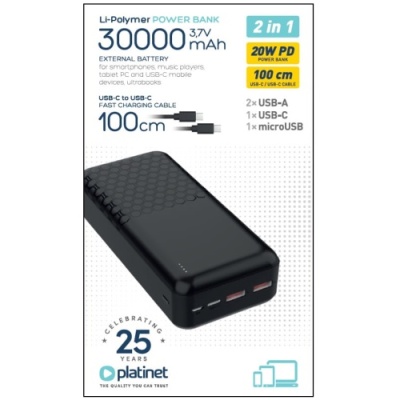 додаткова батарея power bank platinet (pmpb30op19b) pd20w+qc3.0 22.5w 30000mah (black) 