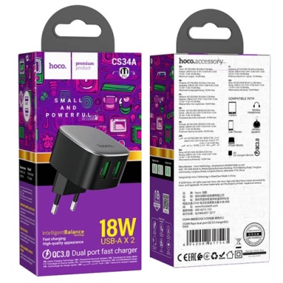 мережевий зарядний пристрій hoco cs34a 2usb/18w/qc3.0 (чорний) 