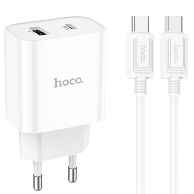 мережевий зарядний пристрій hoco c80a plus 1usb/18w/qc3.0 + 1type-c/20w/pd + (type-c - type-c) (білий) 