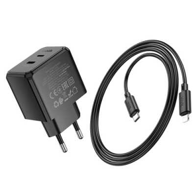 мережевий зарядний пристрій hoco cs16a 1lightning + 1type-c/20w/pd + (type-c - lightning) (чорний) 