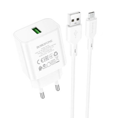 мережевий зарядний пристрій borofone ba72a spring 1usb/18w/qc3.0 + (usb - microusb) (білий) 