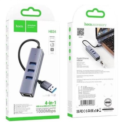 usb hub hoco hb34 easy link gigabit ethernet adapter (usb to usb3.0*3+rj45) 0,15m. metal grey 