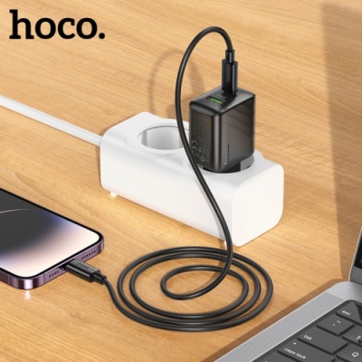 мережевий зарядний пристрій hoco cs25a 1usb/18w/qc3.0 + 1type-c/20w/pd + (type-c - lightning) (чорний) 