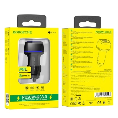 Автомобільний Зарядний Пристрій Borofone BZ14A 1USB/18W/QC3.0 + 1Type-C/20W/PD (Чорний)