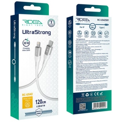 кабель ridea rc-us42 ultrastrong type-c - lightning 30w 1.2m (бiлий) 